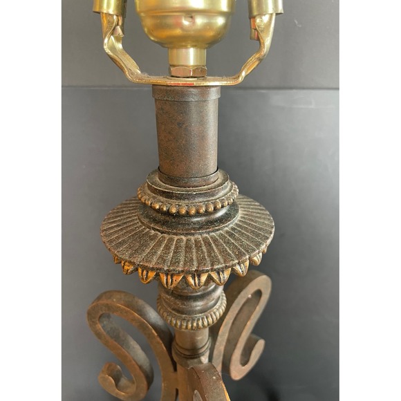 Vintage Antiqued Bronze Scroll Metal Table Lamp Base Tripod French Country Style - Picture 10 of 16